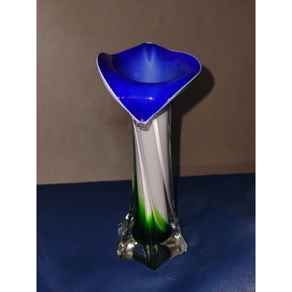 Murano Jack in the Pulpit Encased Glass Vase Handblown Blue White Green Swirl - Picture 8 of 16